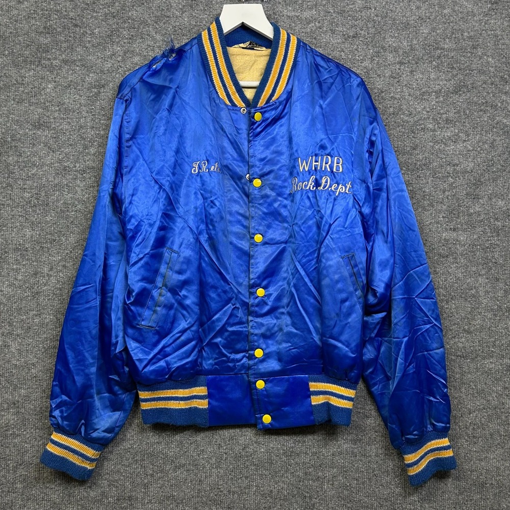 Vintage Wind Satin Varsity Jacket Mens Blue WHRB Rock Dept Radio Windbreaker - L